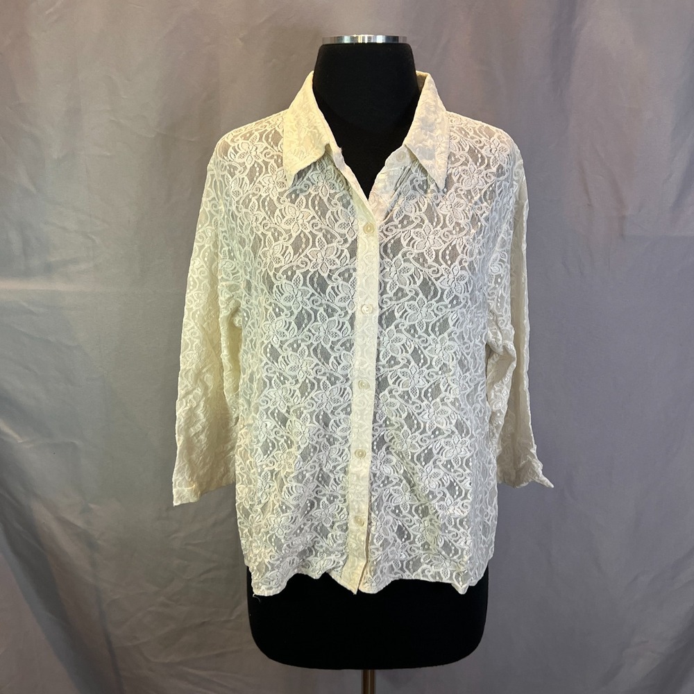 Ishyu Sheer Lace Shirt Top Womens XL Beige Floral Stretch Collared Button Up